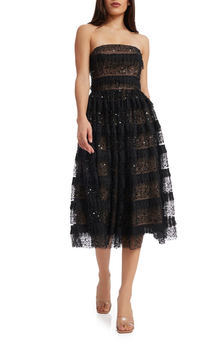 Dress the Population Ruby Embellished Ruffle Strapless Cocktail Dress, Main, color, Black-Nude