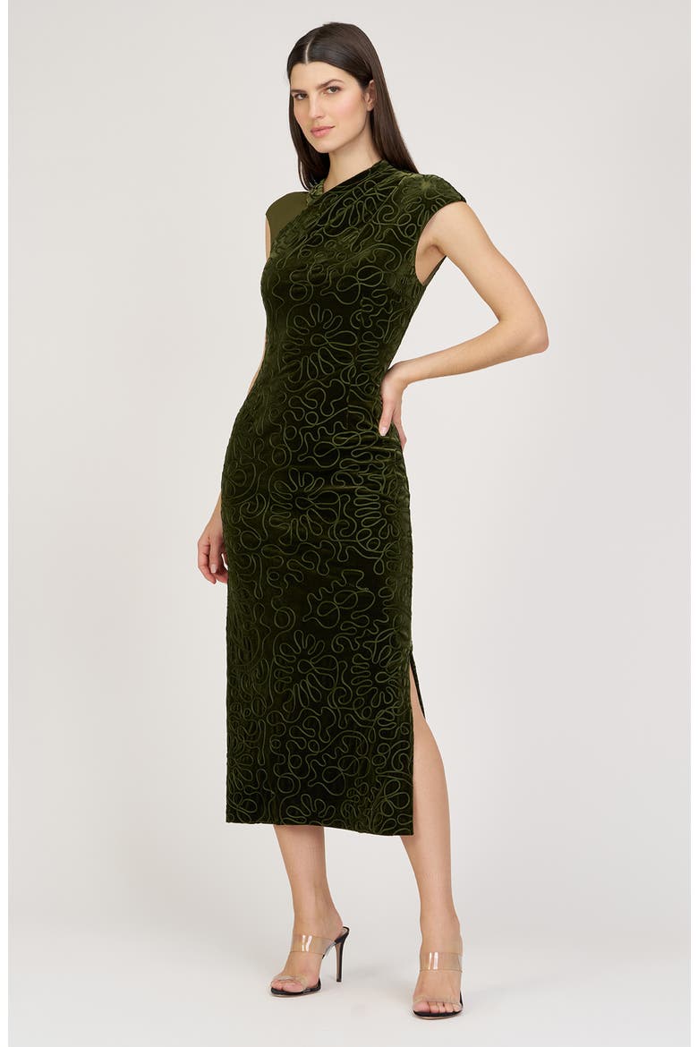 Emiliana Asymmetric Velvet Midi Dress, Alternate, color, IVY GREEN