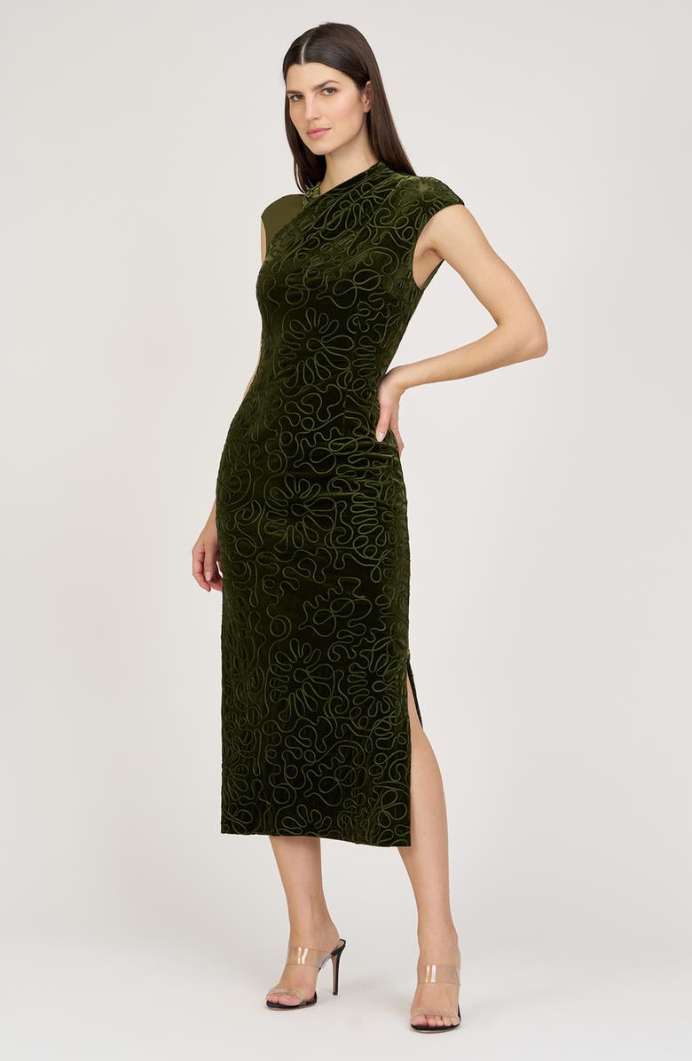 JS Collections Emiliana Asymmetric Velvet Midi Dress, Alternate, color, Ivy Green