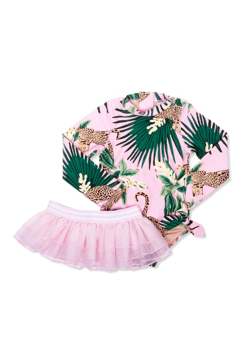 Kids' Tropical Leopard One-Piece UPF 50+ Rashguard Swimsuit with Tulle Skirt, Main, color, PINK