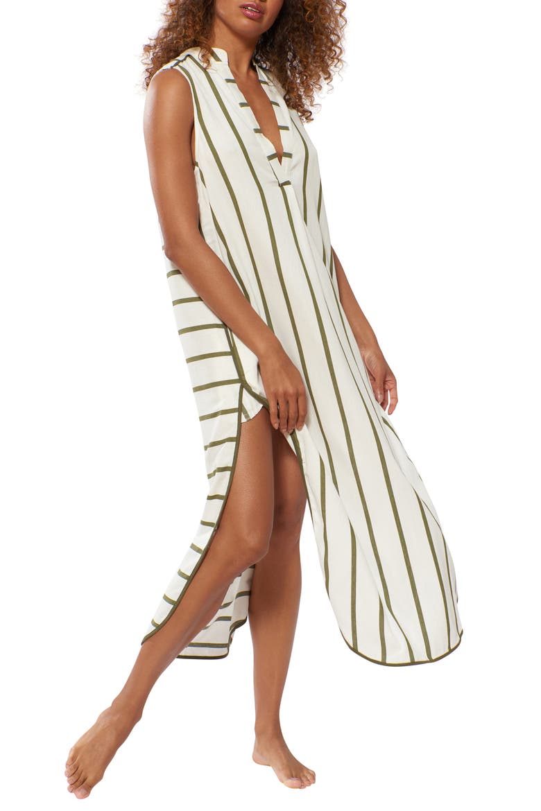 Avi Stripe Sleeveless Cover-Up Tunic Dress, Main, color, SAFARI