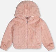 Deux par Deux Faux Fur Hooded Chevron Texture Zip Cardigan