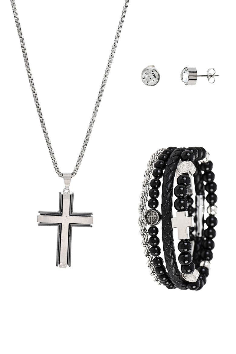 Men's Cross Pendant Necklace, Bracelets & Earrings Gift Set, Alternate, color, SILVER/ BLACK
