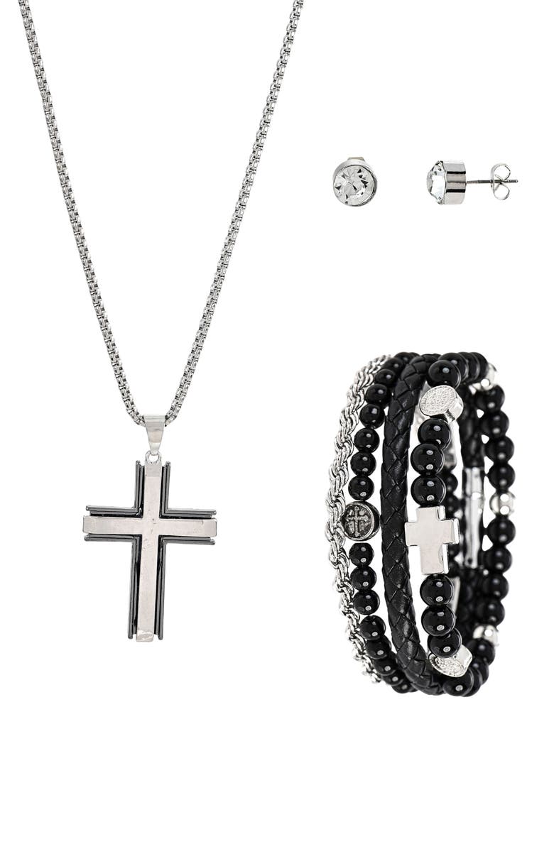 AMERICAN EXCHANGE Men's Cross Pendant Necklace, Bracelets & Earrings Gift Set, Alternate, color, Silver/ Black