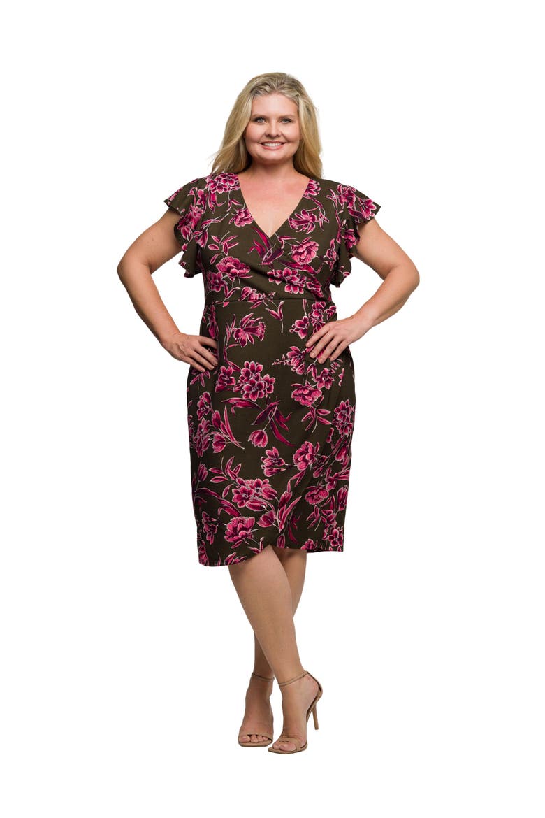 Plus Size Floral Flutter Sleeve Wrap Dress, Main, color, Brown Multi