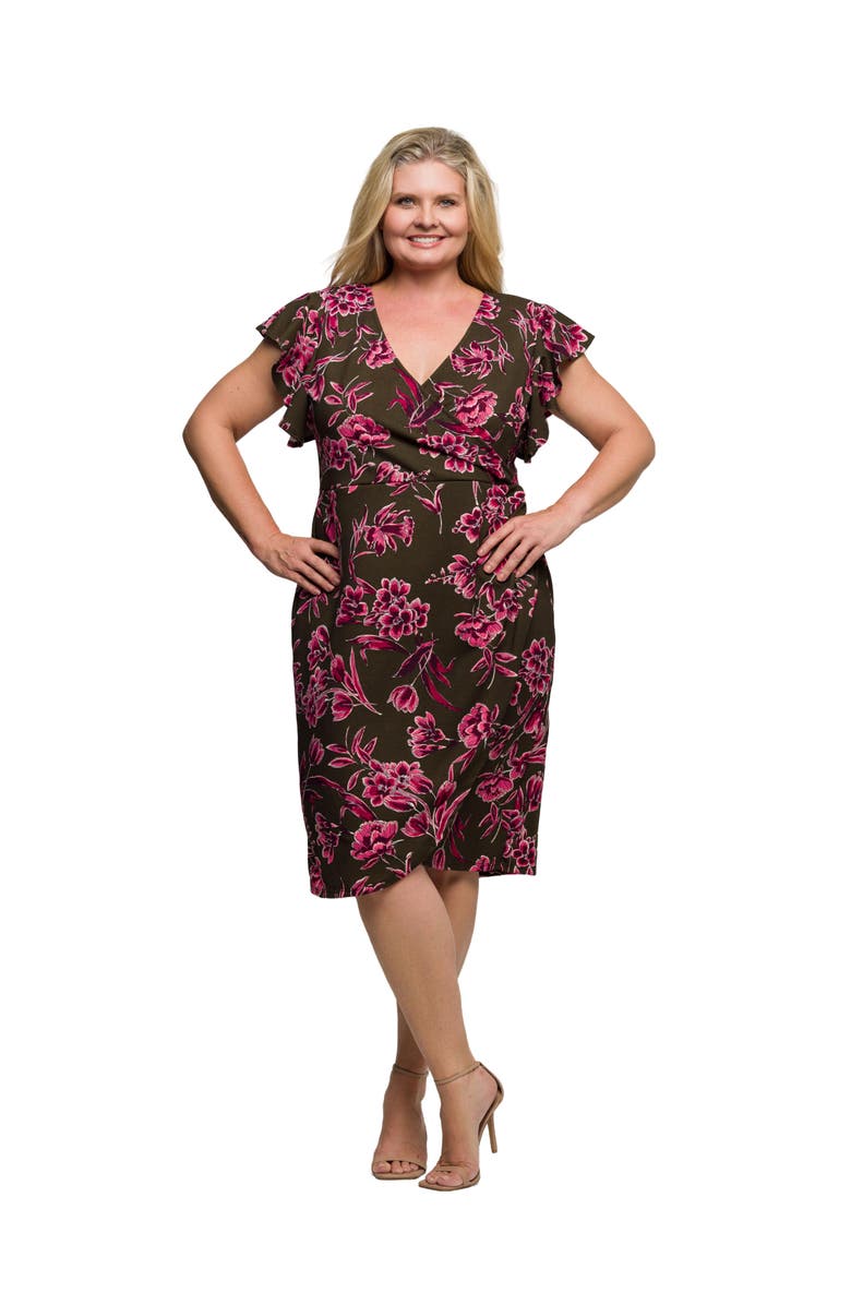 24seven Comfort Apparel Plus Size Floral Flutter Sleeve Wrap Dress, Main, color, Brown Multi