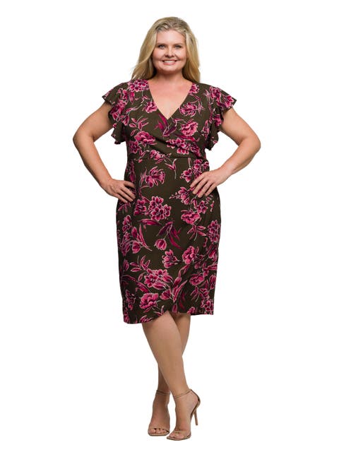 Plus Size Floral Flutter Sleeve Wrap Dress