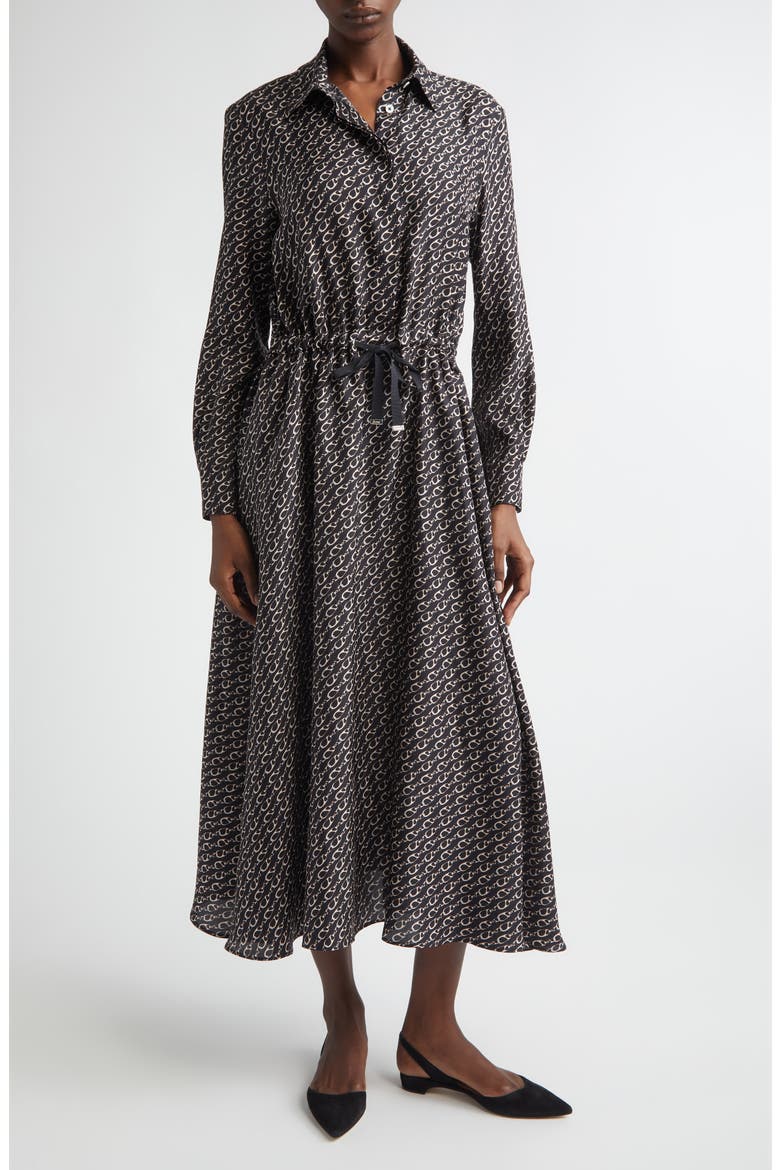 Logo Print Long Sleeve Silk Shirtdress, Main, color, BLACK