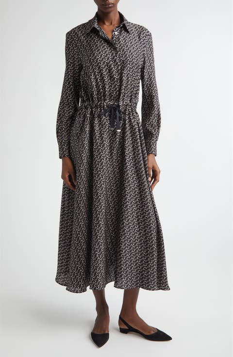 Logo Print Long Sleeve Silk Shirtdress