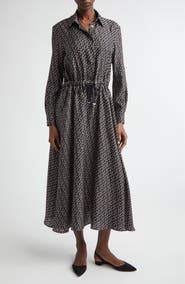 Herno Logo Print Long Sleeve Silk Shirtdress