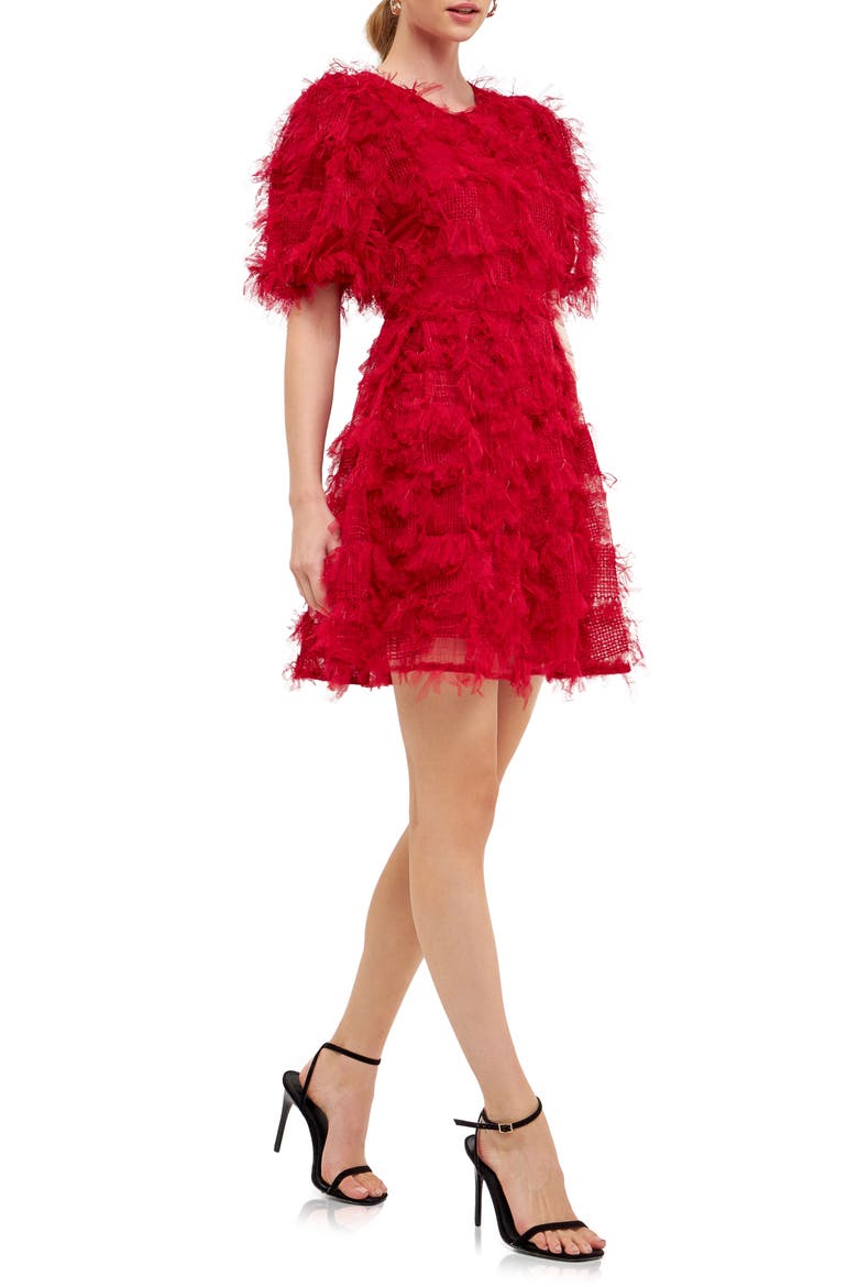 Feathered Mesh Puff Sleeve Minidress, Alternate, color, WINE