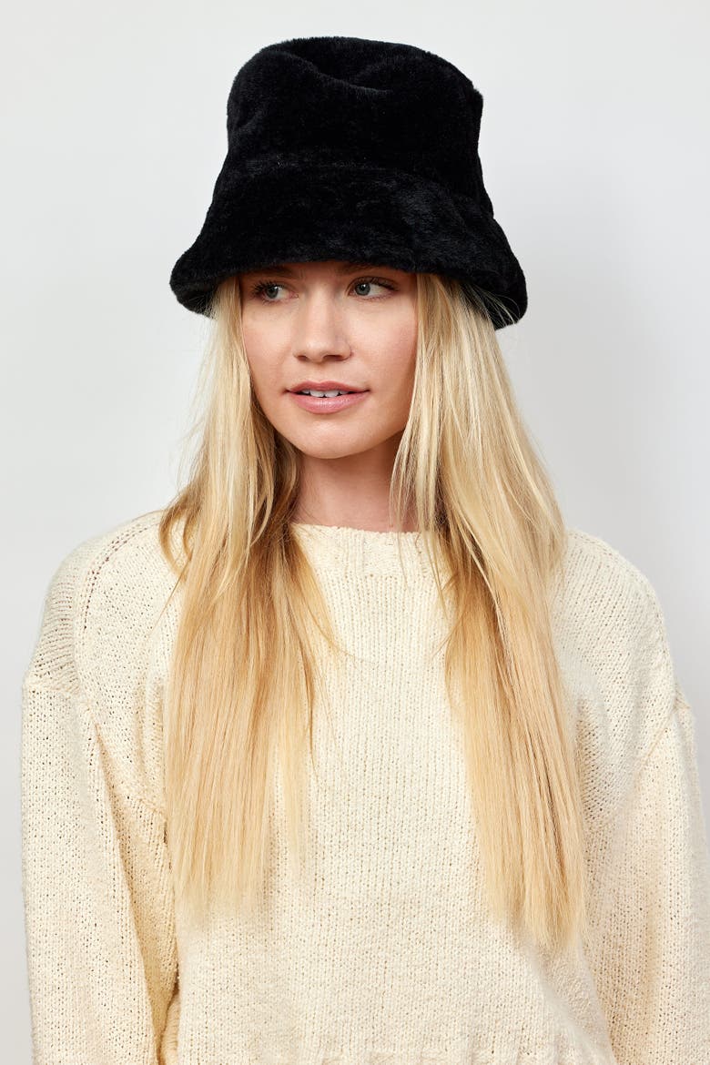 Faux Fur Bucket Hat, Alternate, color, Black