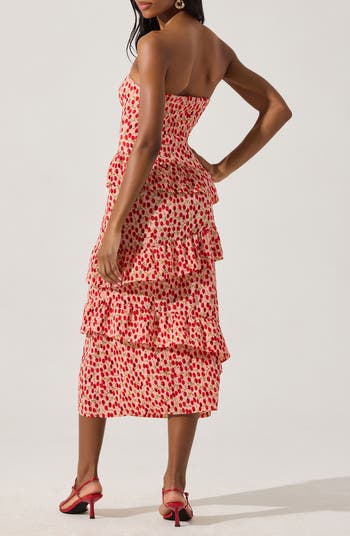 Plissé Asymmetric Tiered Ruffle Strapless Midi Dress