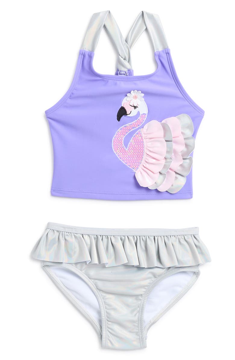 Flapdoodles Kids' Iridescent Foil Flamingo 2-Piece Bikini, Main, color, 