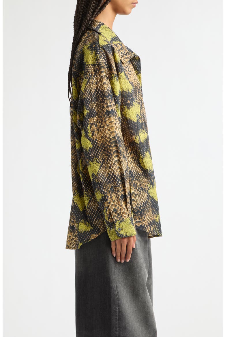 Tall Collar Boyfriend Button-Up Shirt in Faux Snakeskin, Alternate, color, BROWN GREEN SNAKE