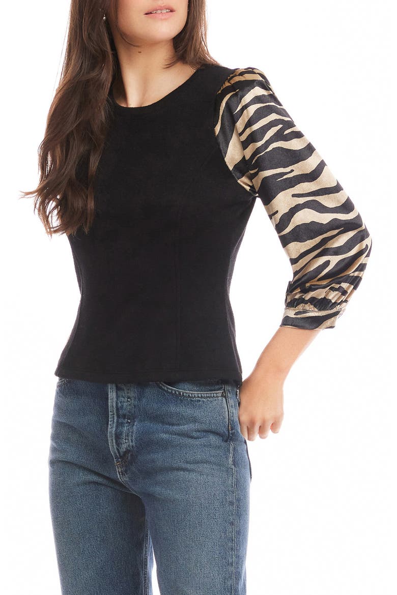 Lory Print Sleeve Velvet Top, Alternate, color, BLACK
