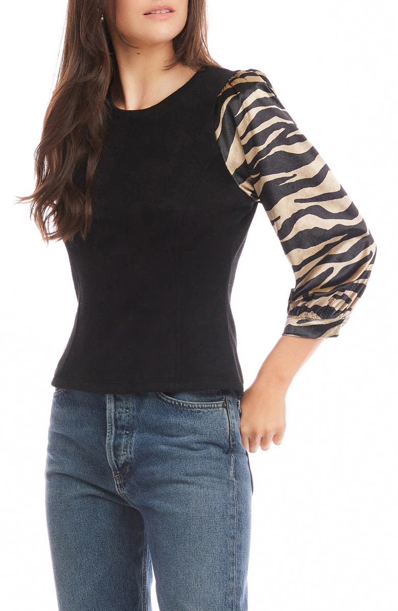 FIFTEEN TWENTY Lory Print Sleeve Velvet Top, Alternate, color, Black
