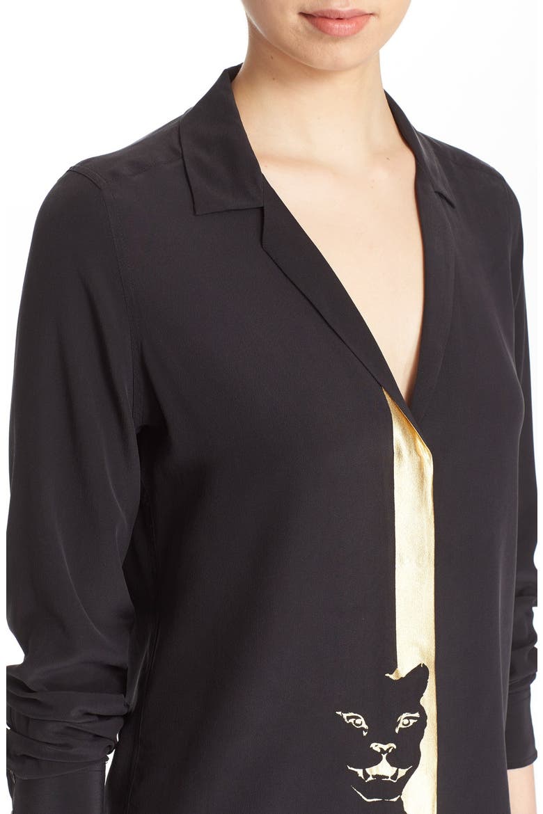 'Adalyn' Panther Graphic Silk Shirt, Alternate, color, TRUE BLACK