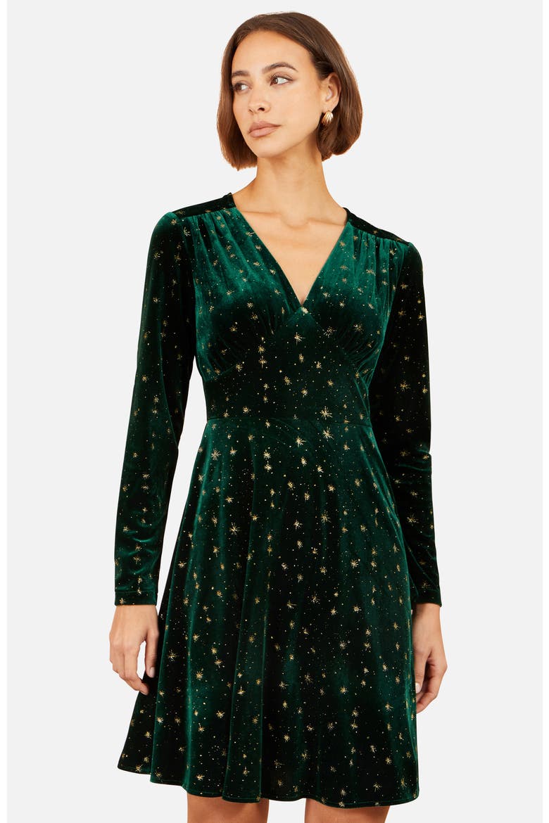 Foil Star Print Velvet Skater Dress, Alternate, color, Green