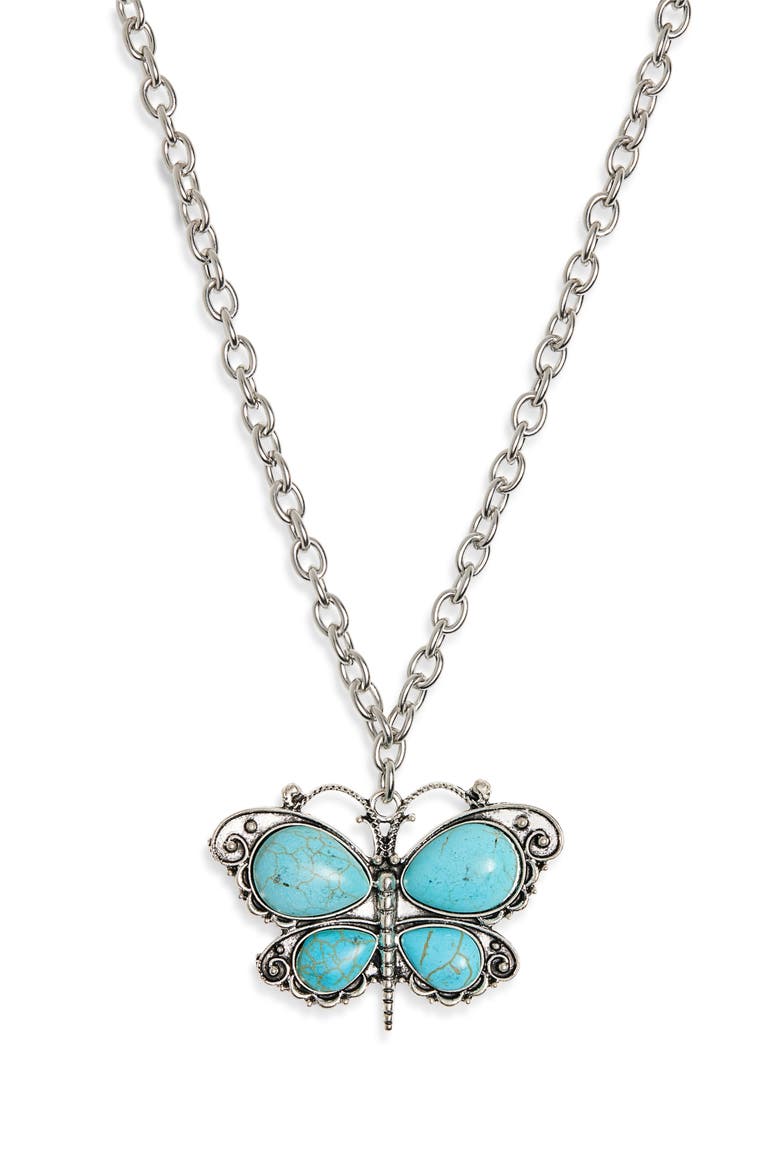 Imitation Turquoise Butterfly Pendant Necklace, Main, color, SILVER