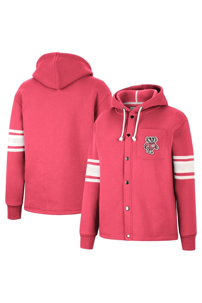 Women's Colosseum Red Wisconsin Badgers Mia Striped Full-Snap Hoodie Jacket, Main, color, Red