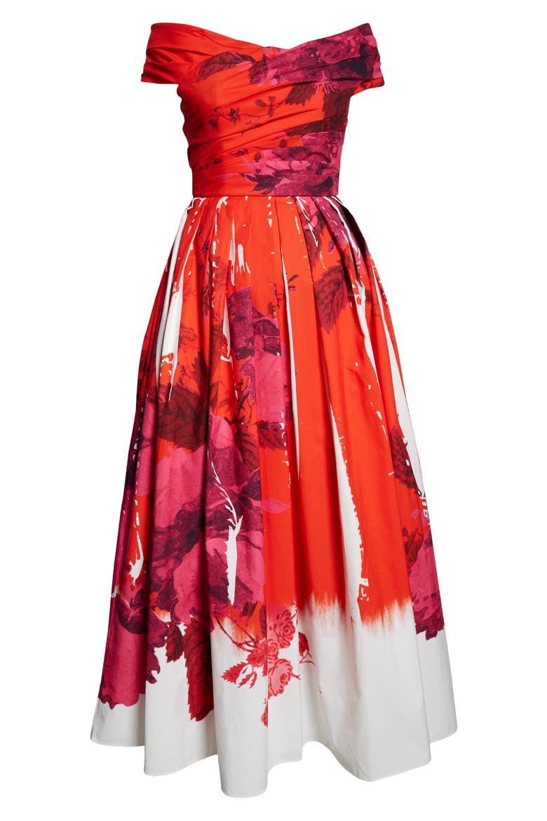 Rose Poppy Print Off the Shoulder Midi Cocktail Dress, Alternate, color, ROSE POPPY