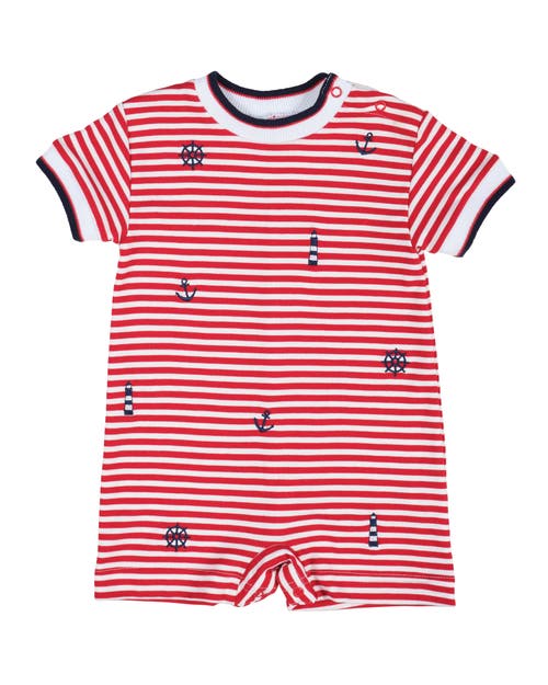 Florence Eiseman Stripe Knit Shortall With Nautical Embroidery In Red/white