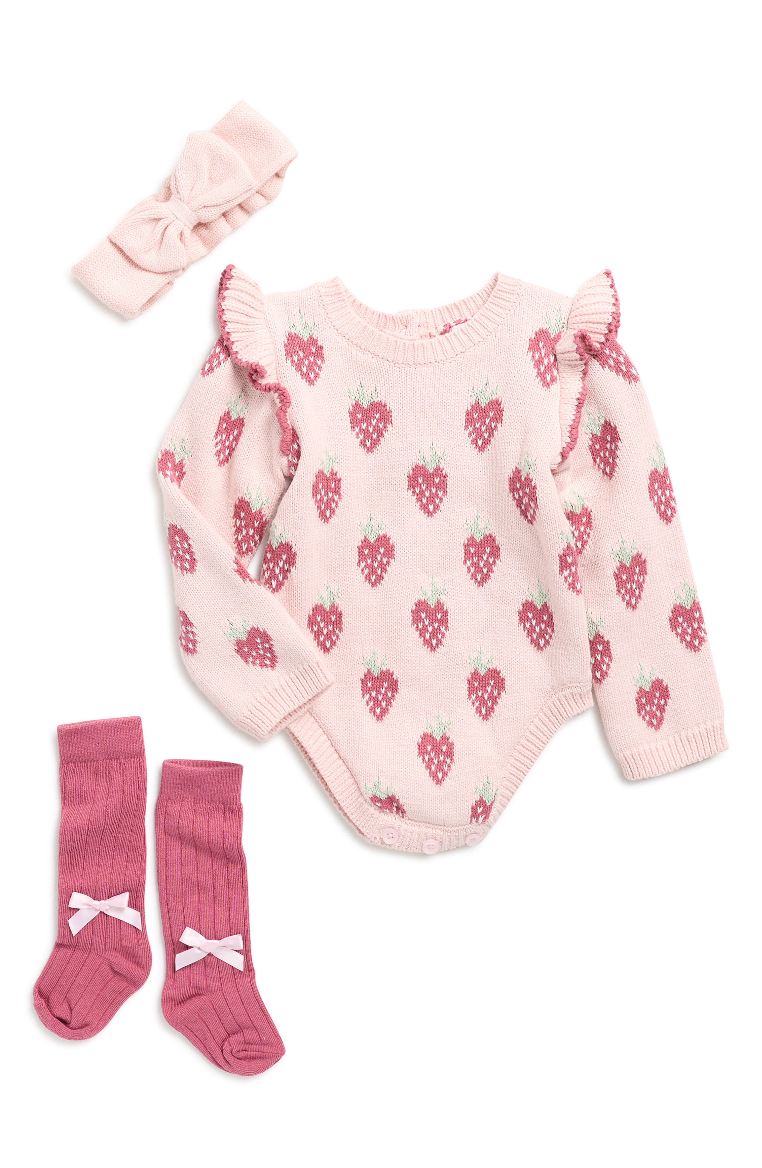 Nicole Miller Strawberry Sweater Bodysuit, Headband & Socks Set