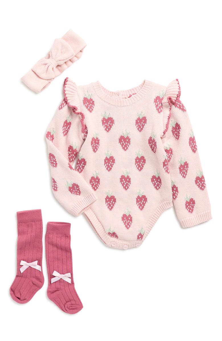 Nicole Miller Strawberry Sweater Bodysuit, Headband & Socks Set, Main, color, Peach Blush