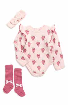 Nicole Miller Strawberry Sweater Bodysuit, Headband & Socks Set