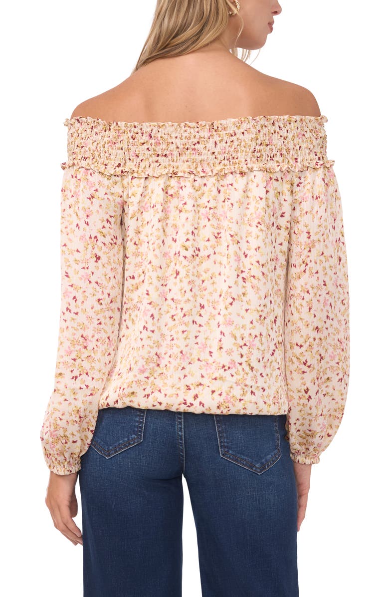 Vince Camuto Print Tie Hem Off the Shoulder Top, Alternate, color, Birch