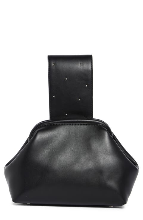 Studded Handle Faux Leather Frame Clutch