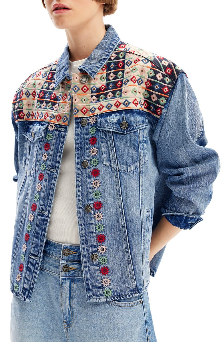 Desigual Embroidered Denim Trucker Jacket, Alternate, color, 