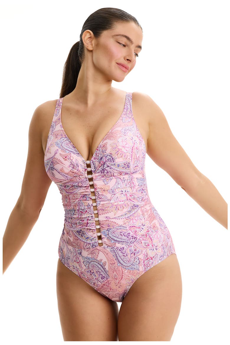 Boho Bloom D-Cup V-Neck Gold Beaded One Piece, Alternate, color, Pink-Multi