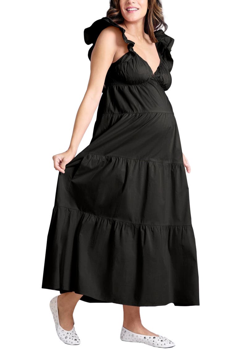 Ruffle Sleeve Tie-Back Maternity Maxi Dress, Alternate, color, Black