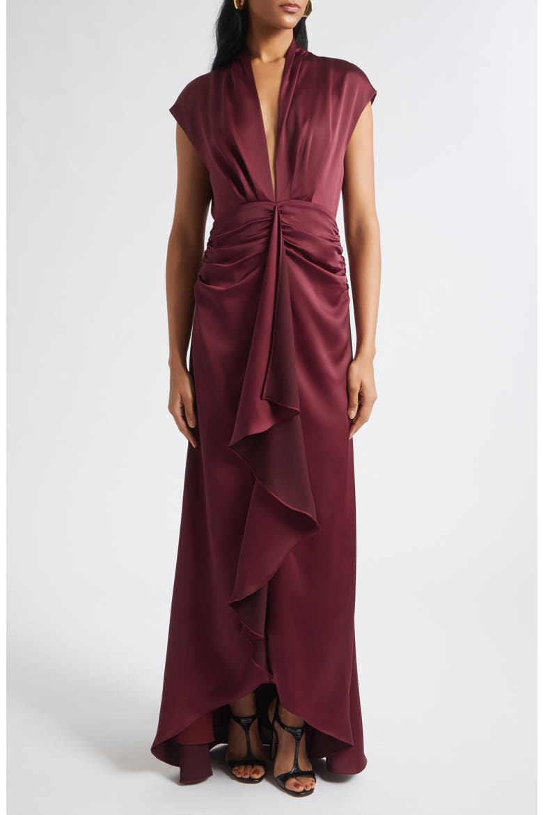 Catrin Plunge Neck Center Ruched Satin Gown, Main, color, CRANBERRY