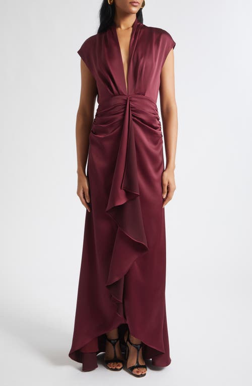 Ramy Brook Catrin Plunge Neck Center Ruched Satin Gown in Cranberry at Nordstrom, Size 8
