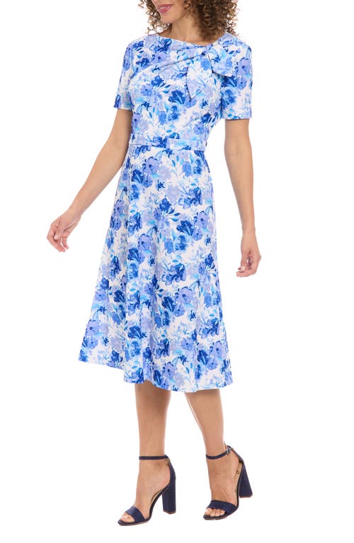London Times Floral Tie Neck Short Sleeve Fit & Flare Midi Dress In Ivory/blue/roy
