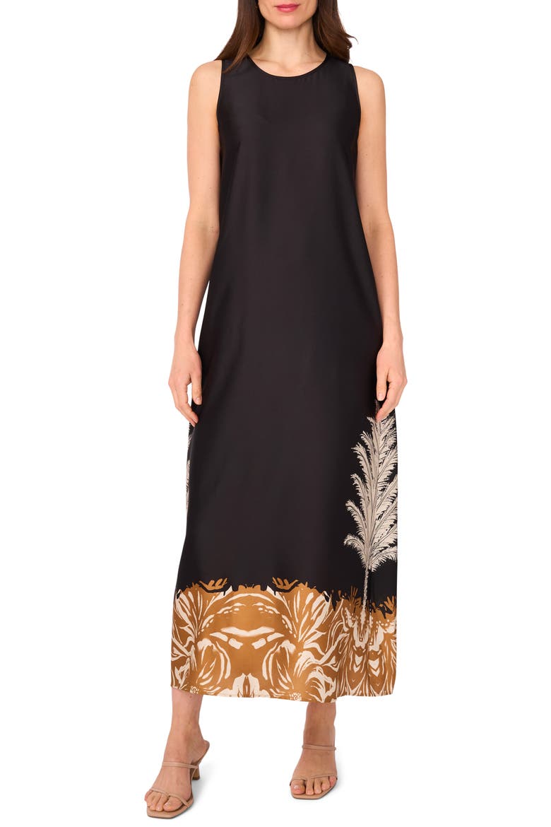 Border Print Sleeveless A-Line Maxi Dress, Main, color, RICH BLACK