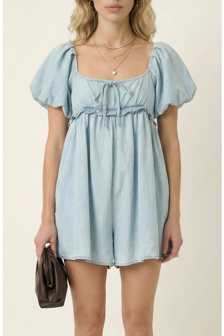 Puff Sleeve Romper with Tie Front and Relaxed Flowy Fit, Main, color, Light Blue