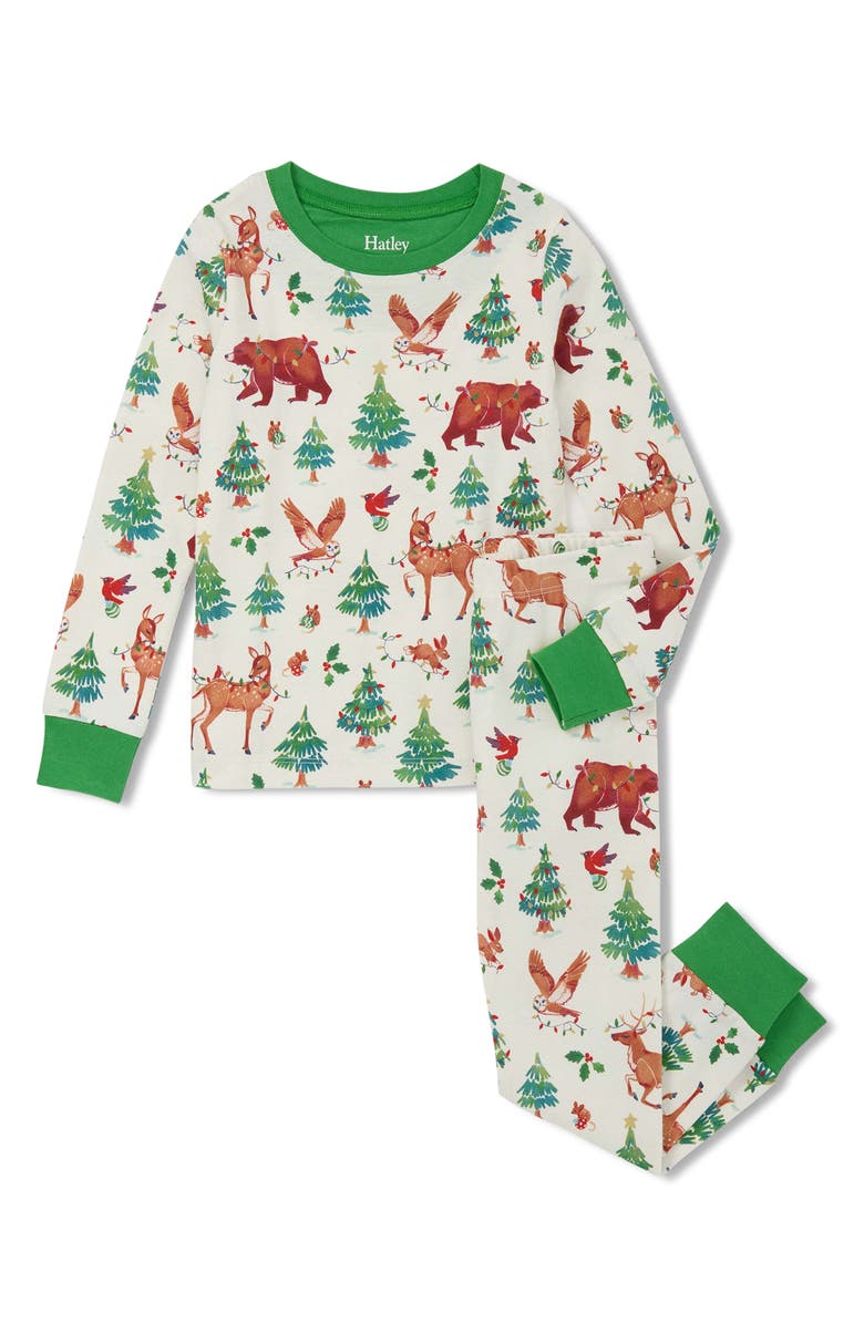 Hatley Kids' Holiday Animals Fitted Two-Piece Pajamas, Main, color, Cream