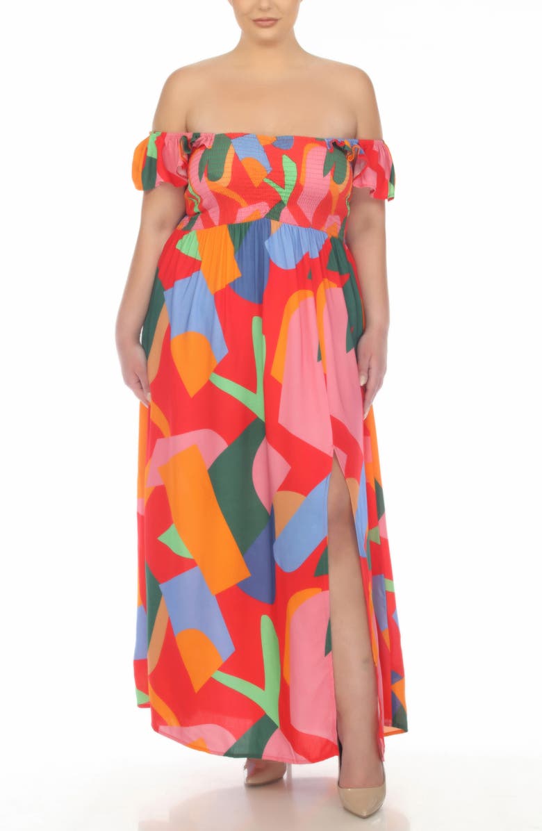 BOHO ME Smocked Flutter Sleeve Maxi Dress, Alternate, color, Red Abstract