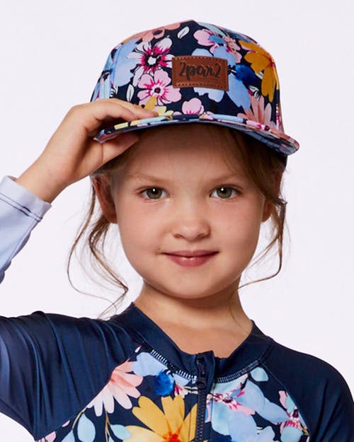 Deux Par Deux Girl's Printed Cap Navy And Yellow And Pink Flowers In Navy Yellow And Pink Flowers