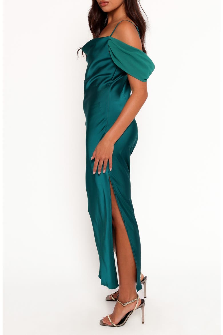 Reyna Off the Shoulder Satin Maxi Dress, Alternate, color, EMERALD GREEN
