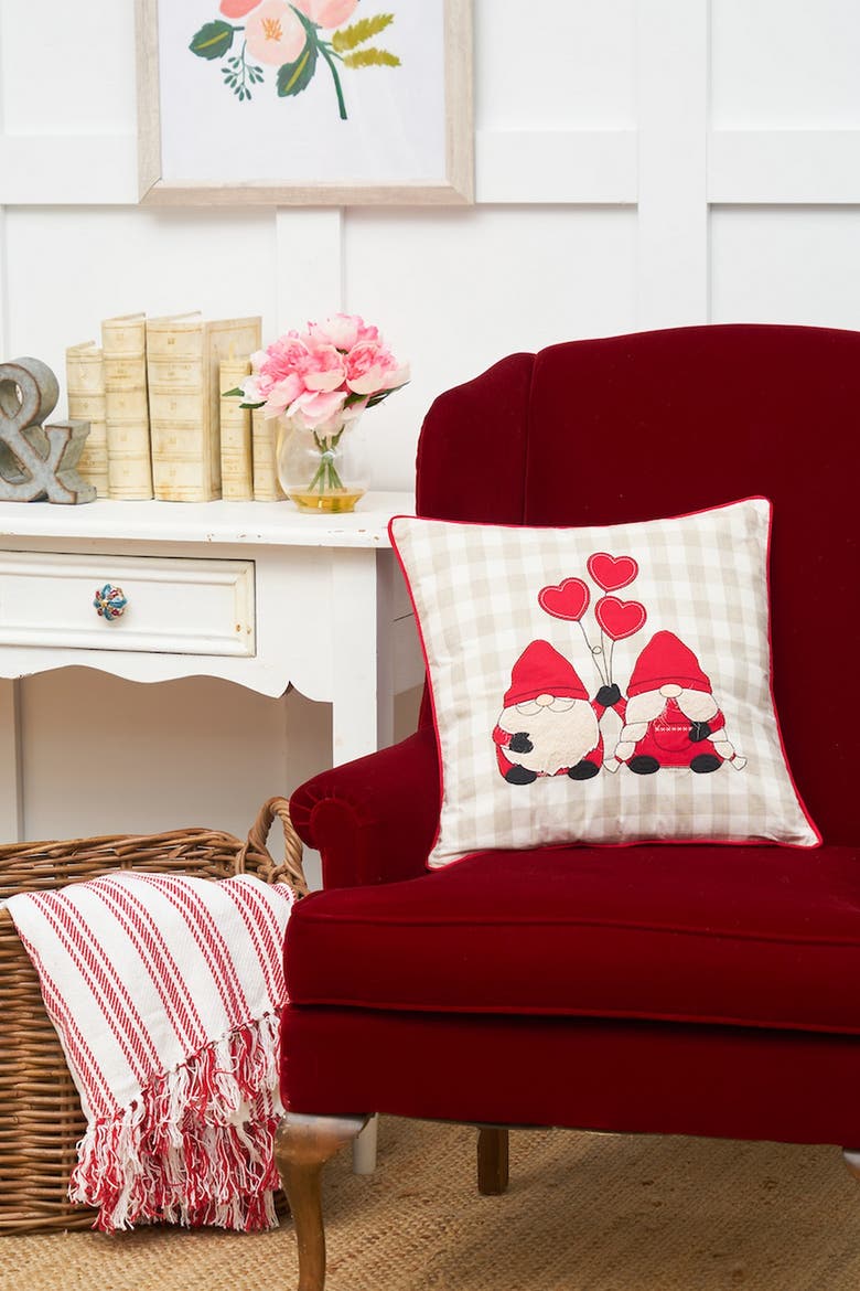 Gnomes w/ Heart Balloons Embroidered Valentine's Day Accent Throw Pillow 18" x 18", Alternate, color, Red
