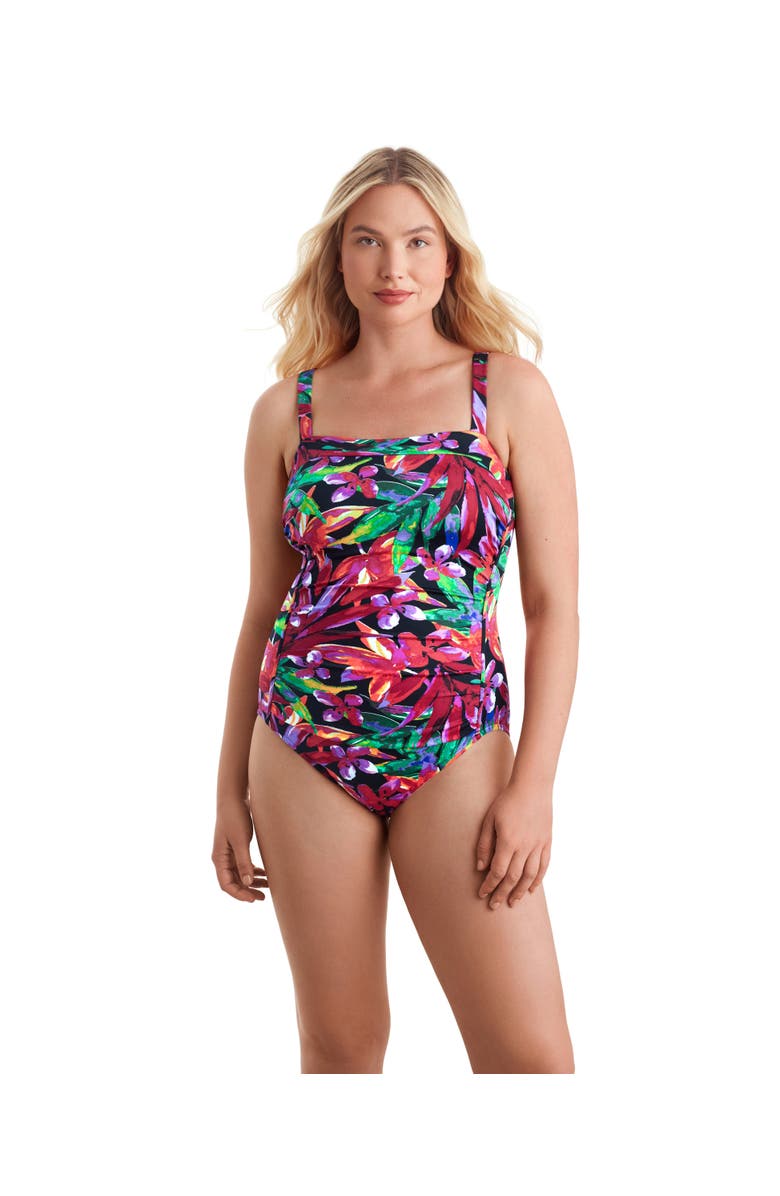 ShapeSolver Sport Shirred Bandeau Chlorine Resistant One-Piece Swimsuit, Main, color, Secret Jungle