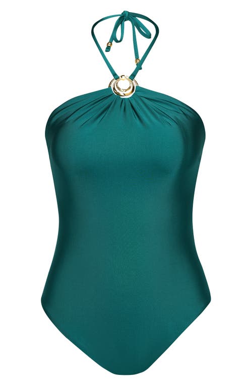 Sunshine 79 Solids Halter Neck One-piece Swimsuit In Jade
