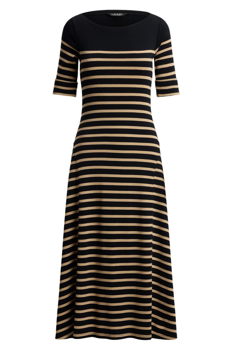 Striped Boat Neck Cotton Jersey Midi Dress, Alternate, color, BLACK/ BIRCH BEIGE