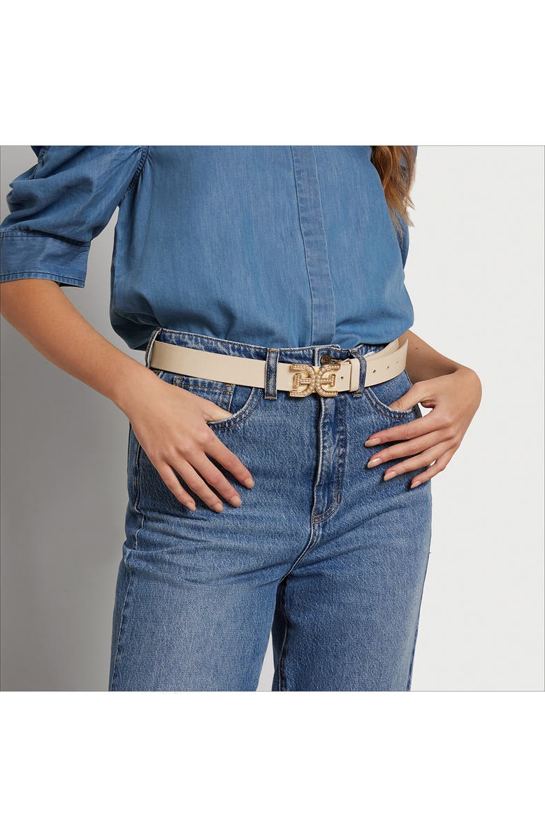 Sam Edelman Imitation Pearl Logo Plaque Belt, Alternate, color, Ivory
