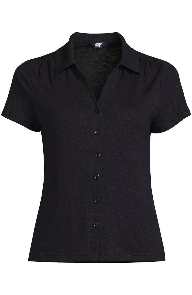 Lands' End Linen Blend Short Sleeve Button Front Polo Top, Alternate, color, Black